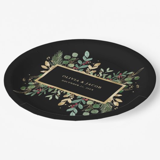 Gilded Greenery Black | Weihnachtsfeiertag Pappteller (Schrägansicht)
