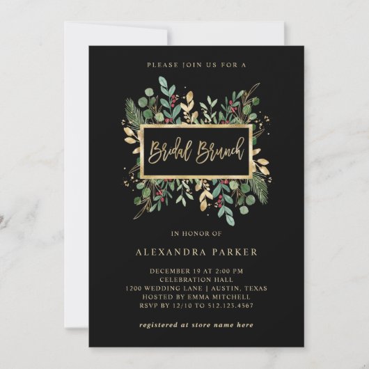 Gilded Greenery on Black | Christmas Bridal Brunch Einladung (Vorderseite)