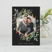 Gilded Greenery on Black | Geometrisches Foto Save The Date (Stehend Vorderseite)
