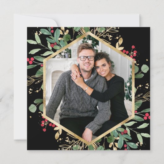 Gilded Greenery on Black | Weihnachts-Foto Save The Date (Rückseite)