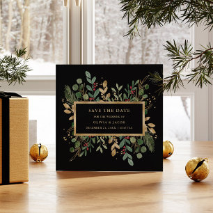Gilded Greenery on Black Weihnachts-Foto Save The Date