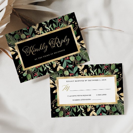 Gilded Greenery on Black | Weihnachtsfeier RSVP Karte