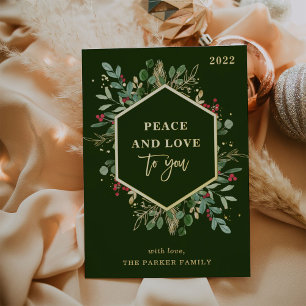 Gilded Greenery on Dark Green   Frieden und Liebe Folien Feiertagskarte