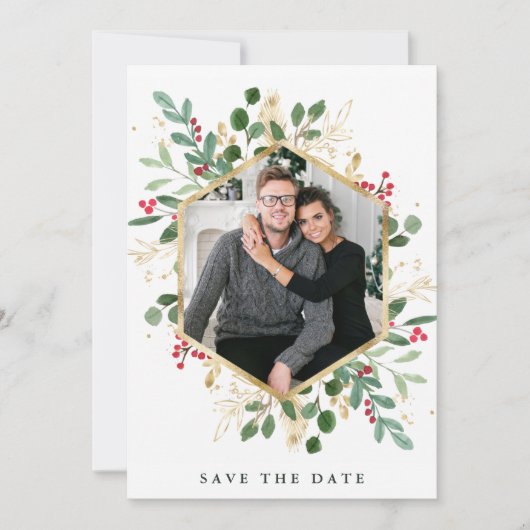 Gilded Greenery on White | Geometrisches Foto Save The Date (Vorderseite)