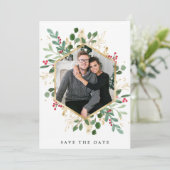 Gilded Greenery on White | Geometrisches Foto Save The Date (Stehend Vorderseite)