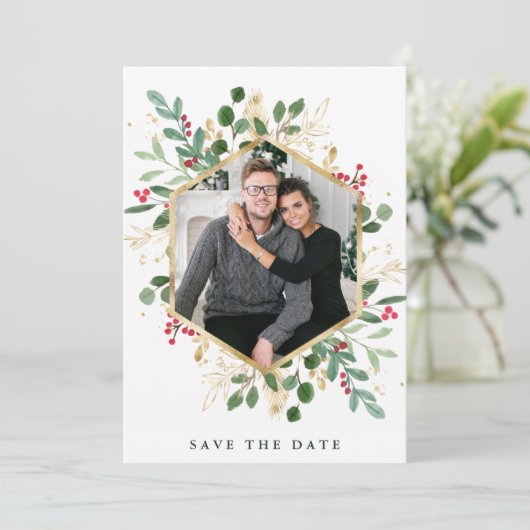 Gilded Greenery on White | Geometrisches Foto Save The Date (Stehend Vorderseite)