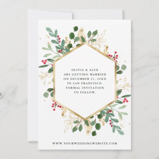 Gilded Greenery on White | Geometrisches Foto Save The Date (Rückseite)