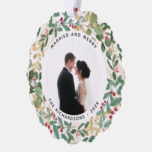 Gilded Greenery White | Verheiratetes und fröhlich Ornament Karte (Links)