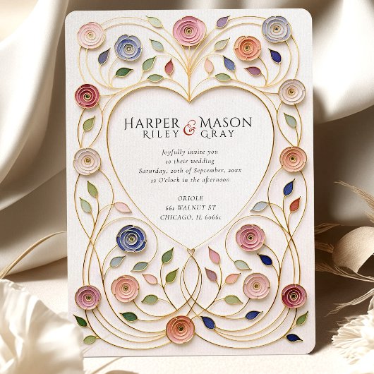 Gilded Heart Frame Floral Enamel Wedding Einladung