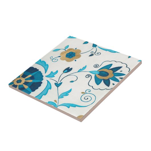 Gilded Indigo Blume mit weißem Hintergrund Fliese (Seite)