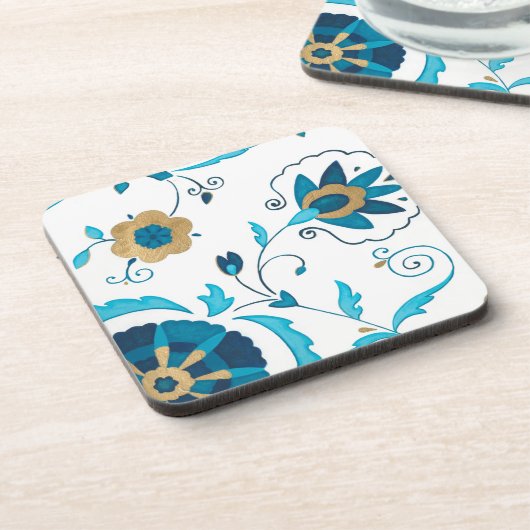 Gilded Indigo Blume mit weißem Hintergrund Getränkeuntersetzer (Linke Seite)