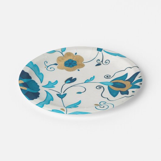 Gilded Indigo Blume mit weißem Hintergrund Pappteller (Schrägansicht)