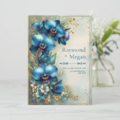 Gilded Indigo Orchid Stardust Wedding Einladung (Stehend Vorderseite)