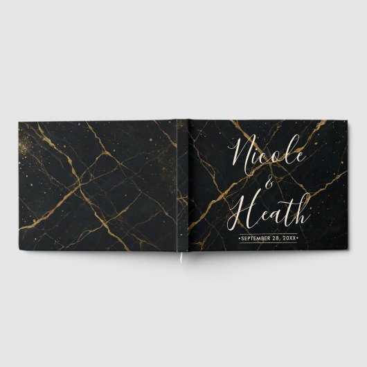 Gilded Midnight Marble Black & Gold Wedding Gästebuch (Voll)