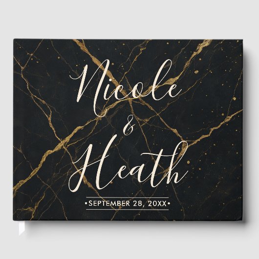 Gilded Midnight Marble Black & Gold Wedding Gästebuch (Vorderseite)