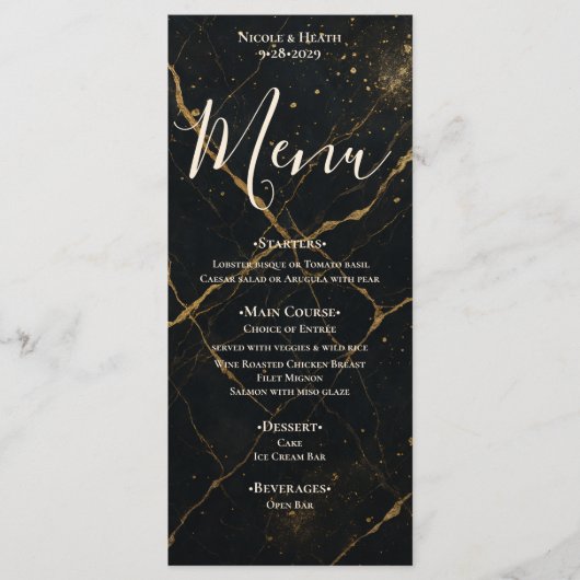 Gilded Midnight Marble Black & Gold Wedding Menükarte (Vorderseite)