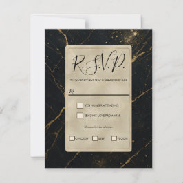 Gilded Midnight Marble Black & Gold Wedding RSVP Einladung