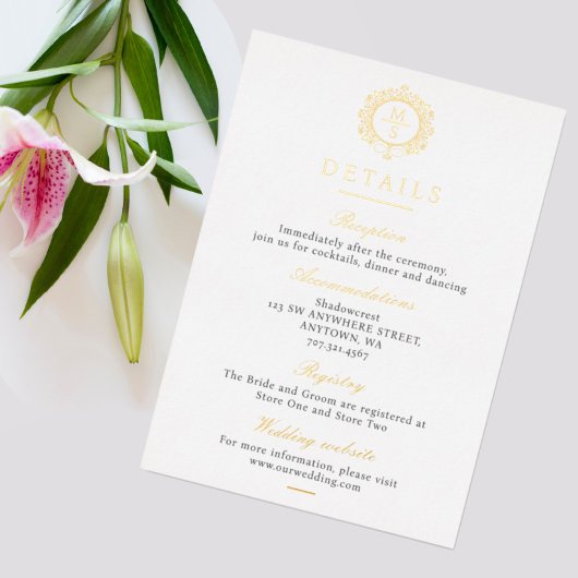 Gilded Monogram Wedding Details Enclosure Card Folieneinladung