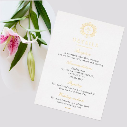 Gilded Monogram Wedding Details Enclosure Card Folieneinladung