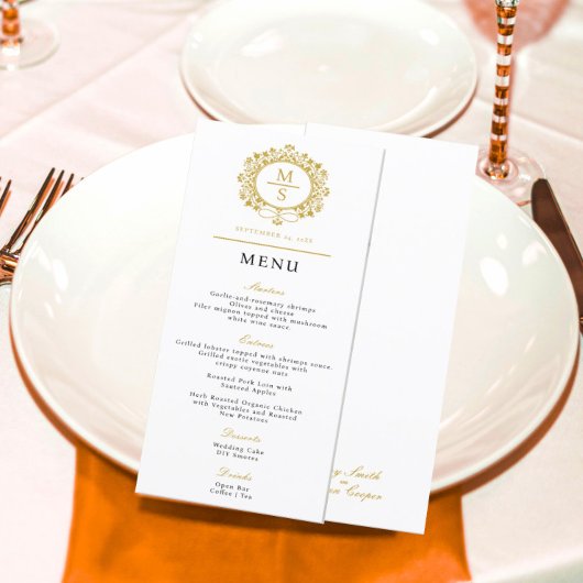 Gilded Monogram Wedding Menu Menükarte