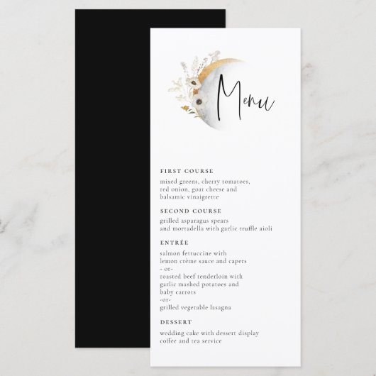 Gilded Moon Boho Floral Wedding Menu Menükarte (Vorne/Hinten)