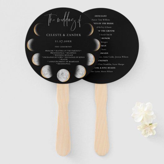 Gilded Moon Phases Wedding Program Hand Fan Fächer (Vorne und Hinten)