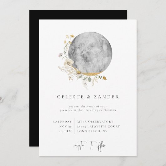 Gilded Moon Wildblume Hochzeitseinladung Ankündigung (Vorne/Hinten)