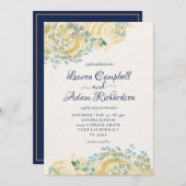 Gilded Navy Blue und Cream Foliage Einladung (Vorne/Hinten)