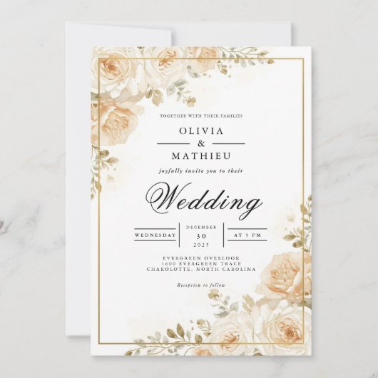 Gilded Peach Blossom Romance Wedding Einladung (Vorderseite)