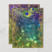 Gilded Peacock Feathers Jewel Gold Wedding Details Begleitkarte (Vorne/Hinten)