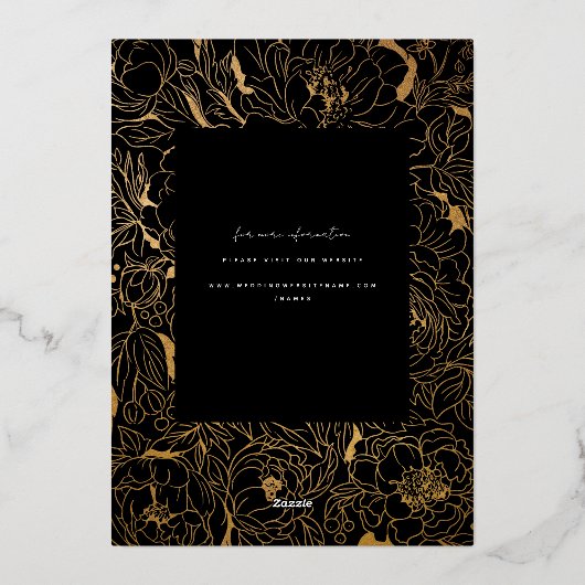 Gilded Peonies Black and Gold Folieneinladung (Rückseite)