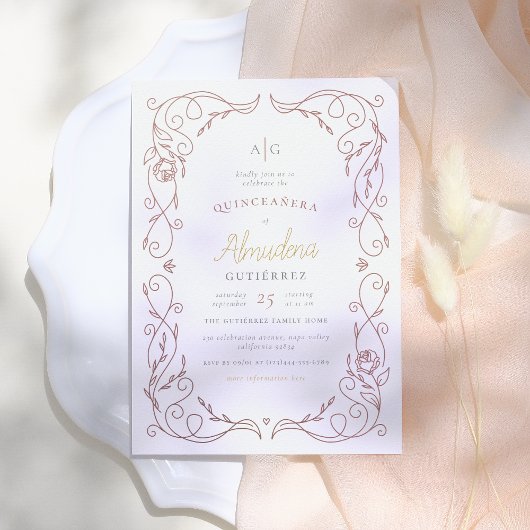 Gilded Rose Gold Frame Elegantes Quinceñera Foto Einladung