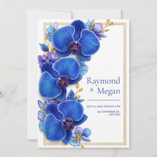 Gilded Royal Blue Orchid Botanical Wedding Einladung (Vorderseite)