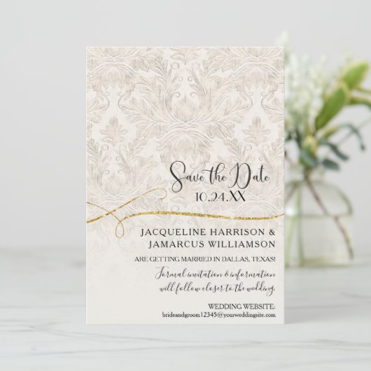 Gilded Scroll Damask Ivory Gold Save the Date (Stehend Vorderseite)