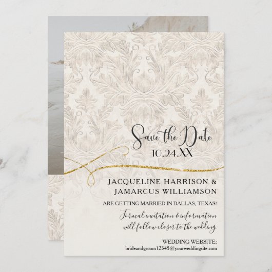 Gilded Scroll Damask Ivory Gold Save the Date (Vorne/Hinten)