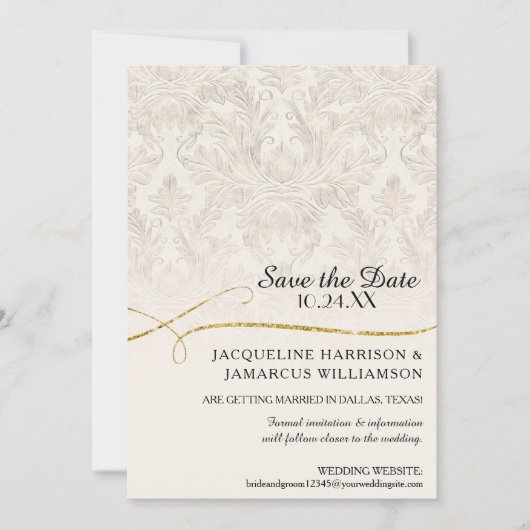 Gilded Scroll Damask Ivory Gold Save the Date (Vorderseite)