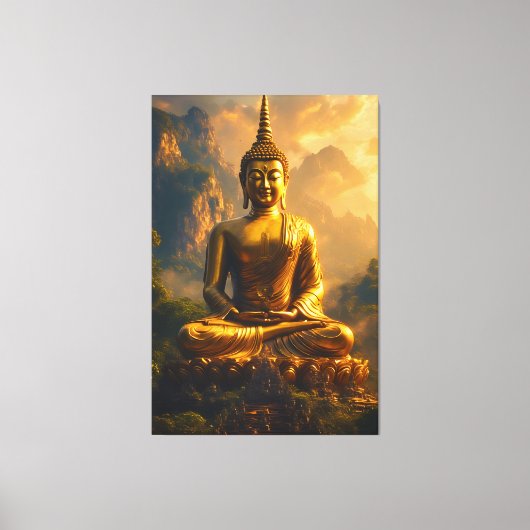 Gilded Seated Buddha Under a Sunset Sky Leinwanddruck (Vorderseite)