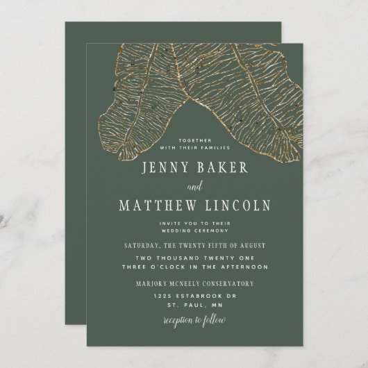 Gilded Tropics Gold Green Blätter Hochzeit Einladung (Vorne/Hinten)