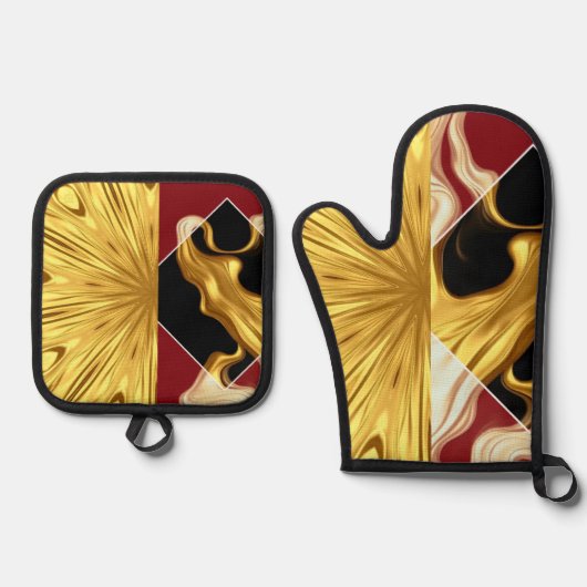 Gilded Zenith Opulent Swirl Crimson & Gold Luxury Ofenhandschuh & Topflappen-Set (Vorderseite)