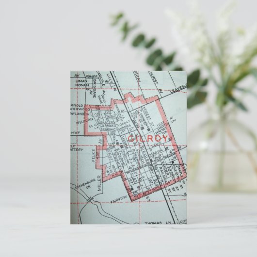 Gilroy, CA Vintag Map Postkarte (Stehend Vorderseite)