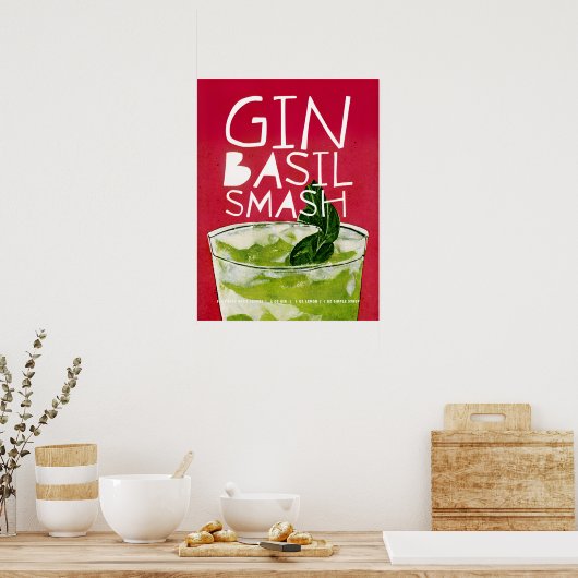 Gin Basil Smash: Ein Retro Cocktail Rote Kunst Poster (Küche)