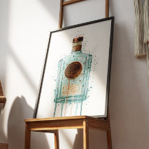 Gin Bottle Wall Art Print Blue
