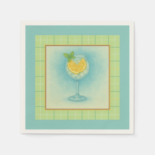 Gin & Tonic Cocktail Napkin – Mint Plaid Serviette (Vorderseite)