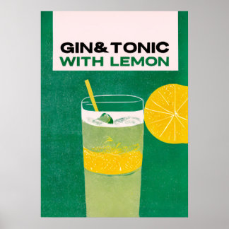 Gin Tonic mit Zitrone Green Retro Art Poster