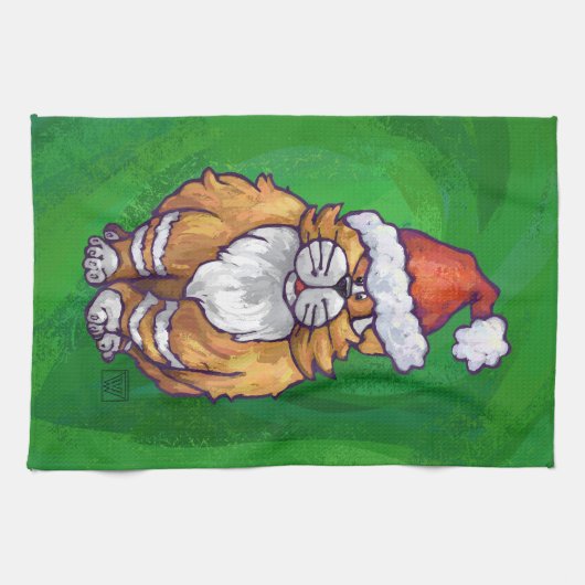 Ginger Cat Christmas on Green Handtuch (Horizontal)