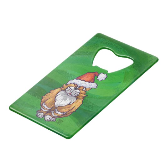 Ginger Cat Christmas on Green Kreditkartenflaschenöffner (Vorderseite Schrägansicht)