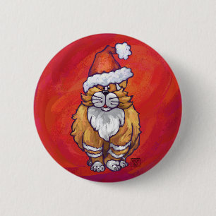 Ginger Cat Christmas On Red Button