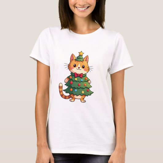 Ginger Cat Christmas Tree Cute Xmas 4 T-Shirt (Vorderseite)
