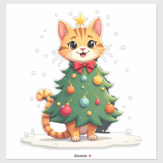 Ginger Cat Christmas Tree Cute Xmas Girls Kids Tod Aufkleber (Blatt)