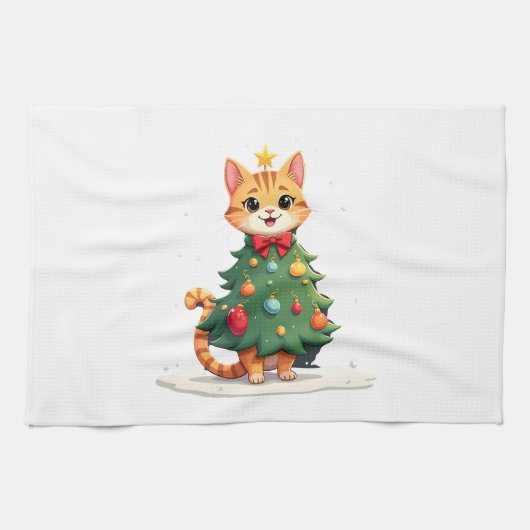 Ginger Cat Christmas Tree Cute Xmas Girls Kids Tod Geschirrtuch (Horizontal)